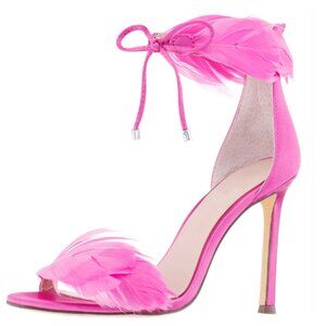 FSJ Elegant Pink Open Toe Faux Feather Embellished Strap High Heeled Sandals
